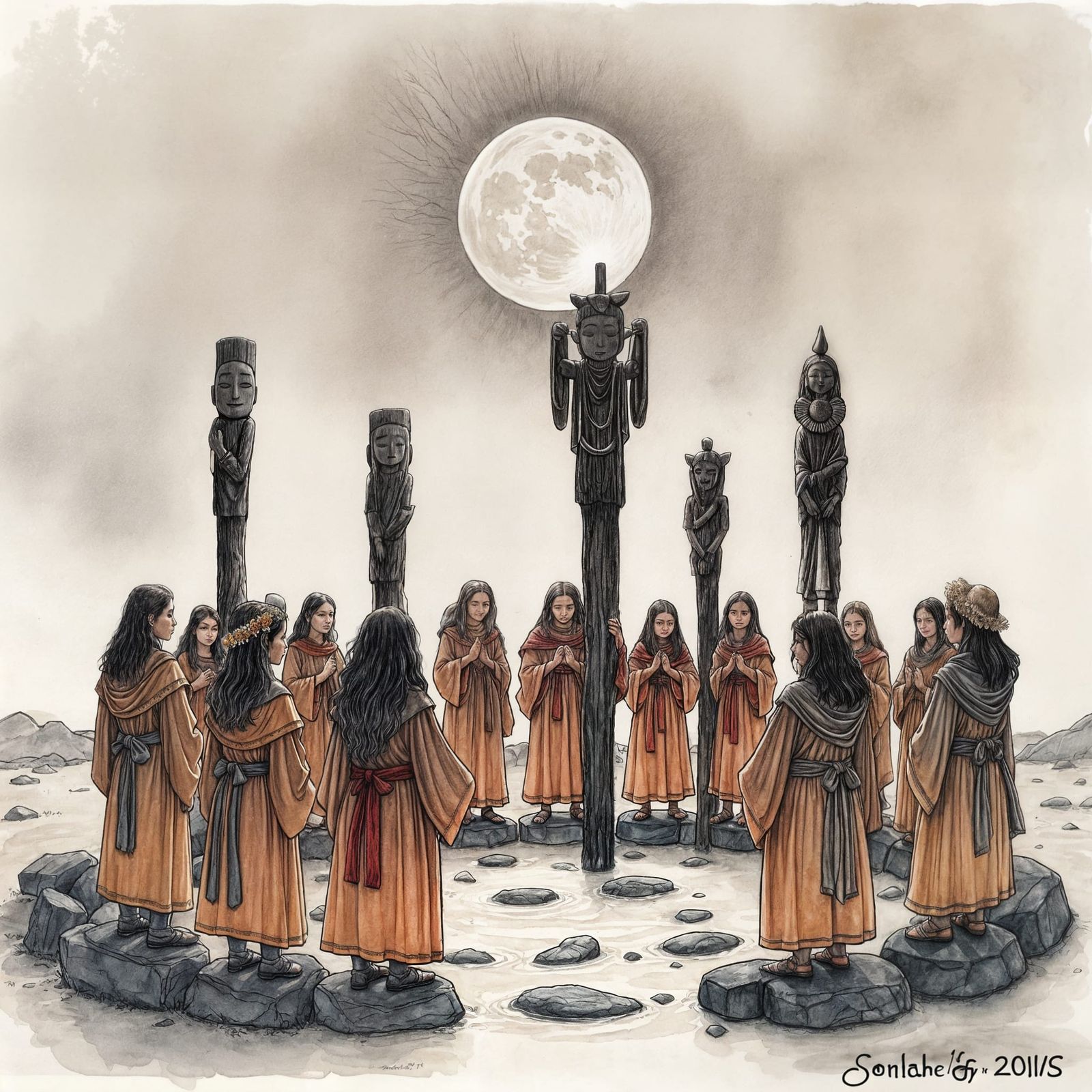 Spiritual Village Ritual Under Full Moon in Charcoal Sketch ...