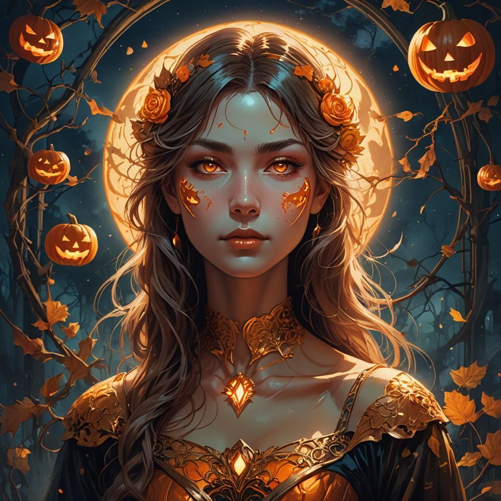 Eerie Jack-o-Lantern Portrait in Art Nouveau Style