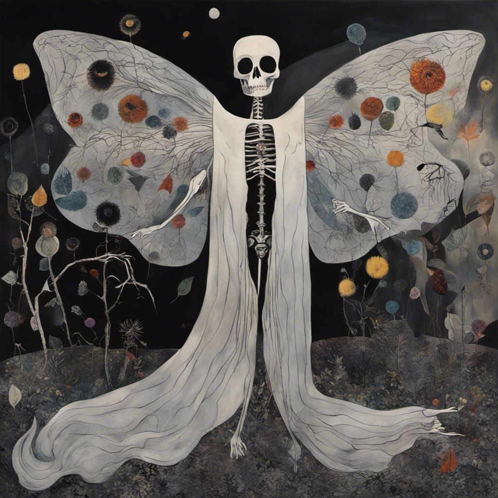 Surreal Dreamscape: Witches, Skeletons, and Black Cat