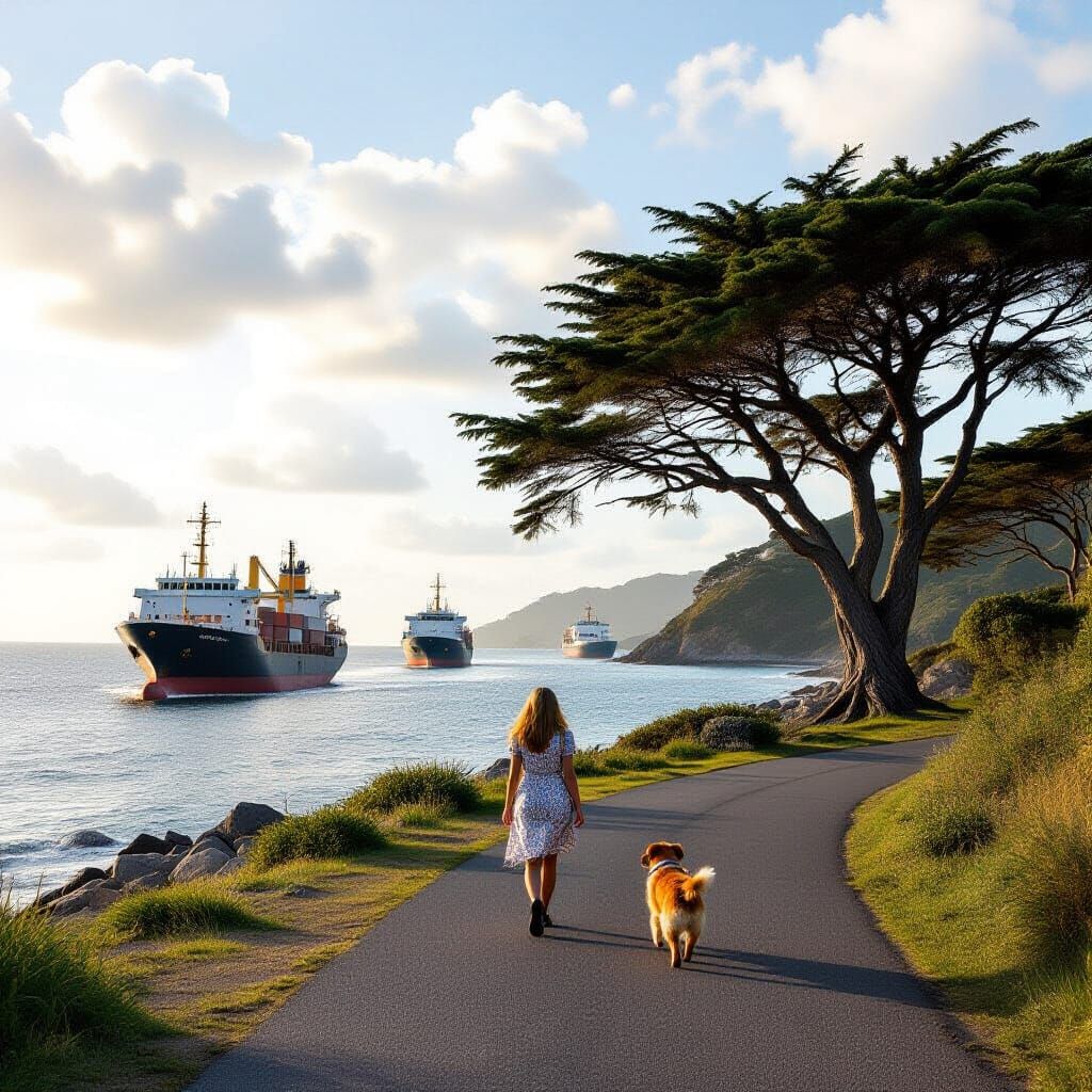 Woman and Dog on Coastal Path with Giant Trees