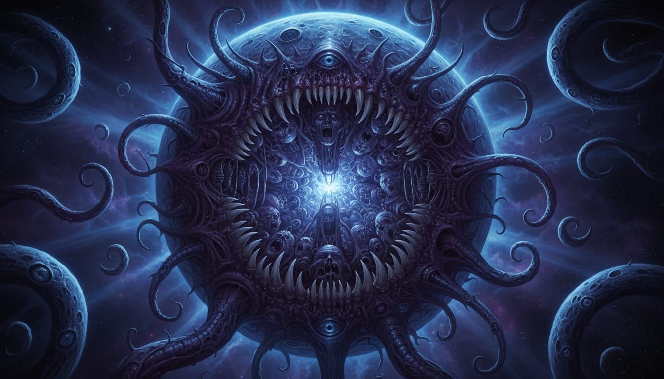 Cosmic Moon Maw of Madness in Biomechanical Horror Style