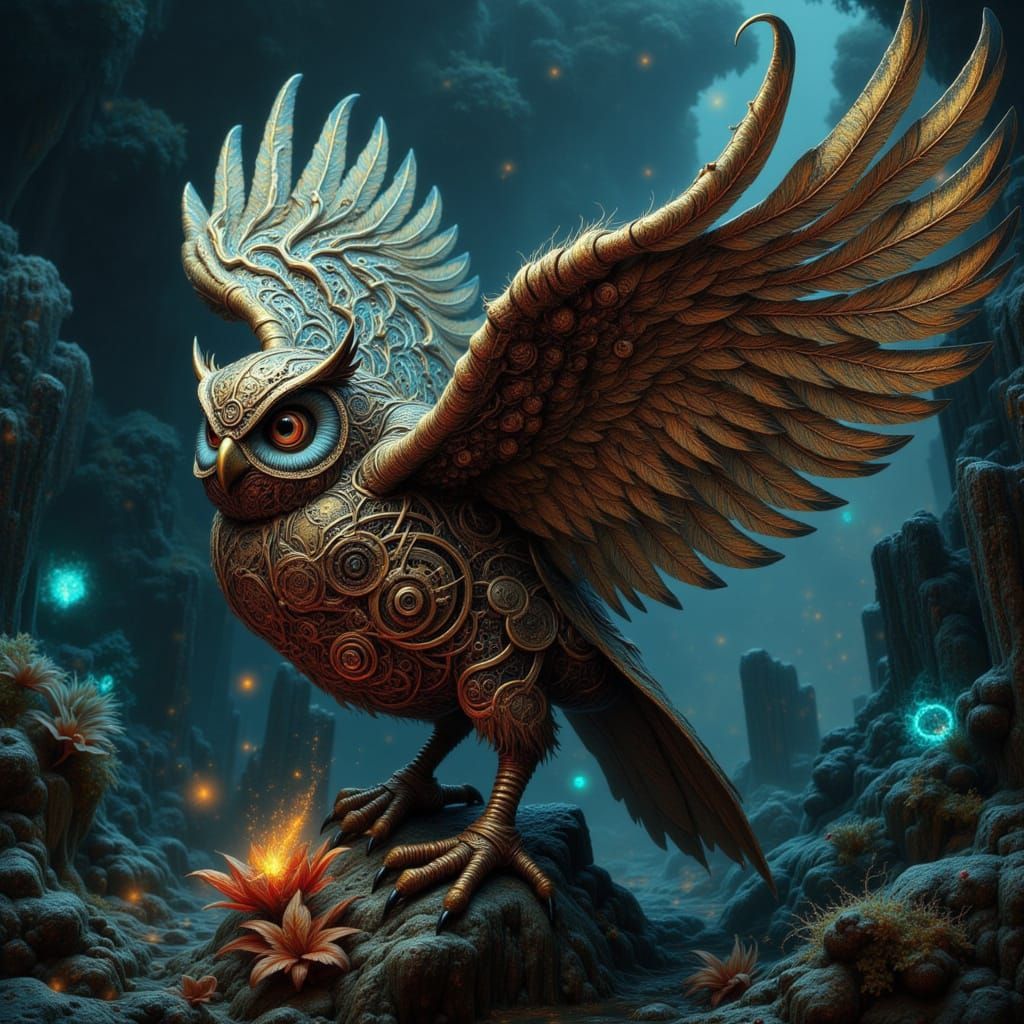 Intricate Clockwork Owl in Ancient Jungle Temple