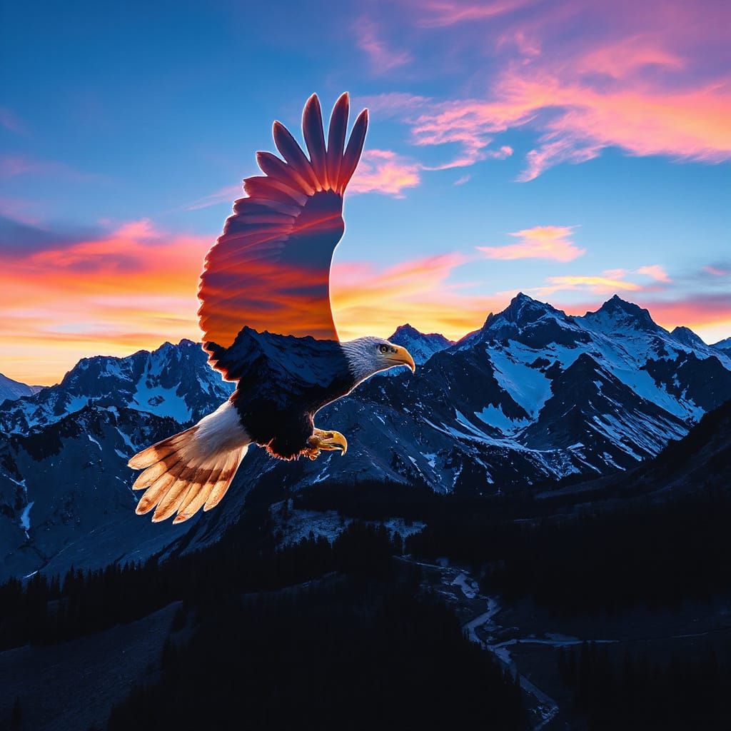 Neon Rocky Mountains Eagle Double Exposure