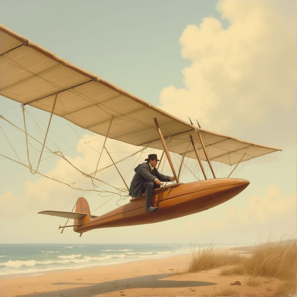 Orville Piloting the Kitty Hawk Craft in Rockwell Style