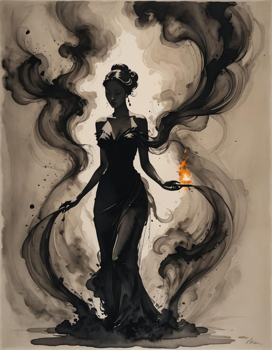 Elegant Woman Emerging from Smoke: Line Art