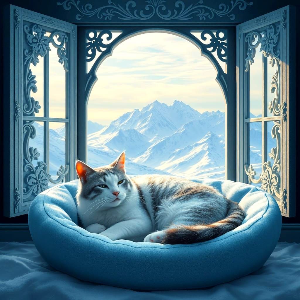 Whimsical Feline Slumber in a Fantastical Snowy Scene