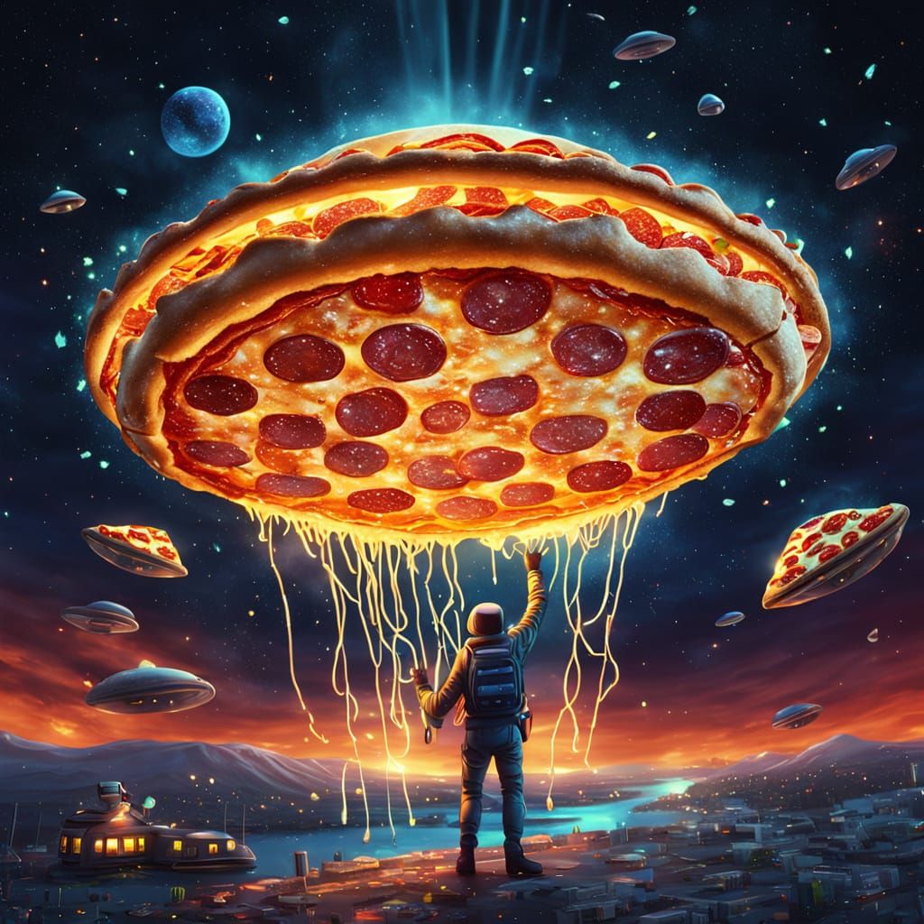 Pizza UFO Abduction in Science Fiction Digital Art