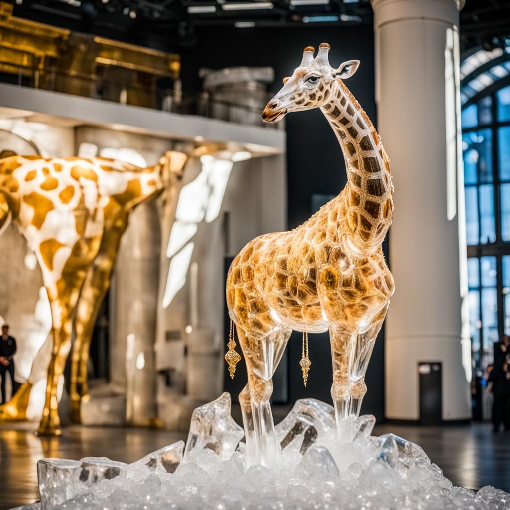 Icy Giraffe Sculpture with Golden Necklace