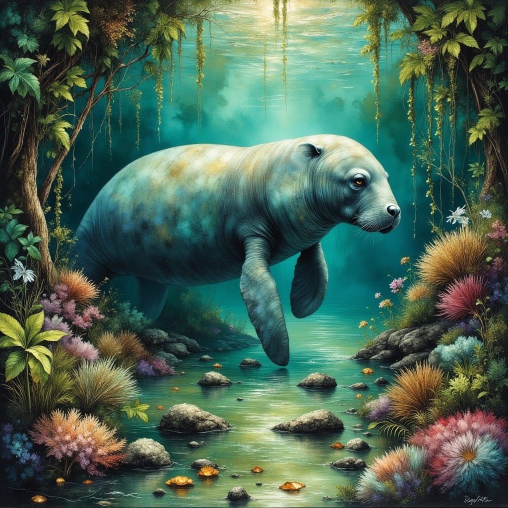 Manatee in Tropical Cove as Scratch Art