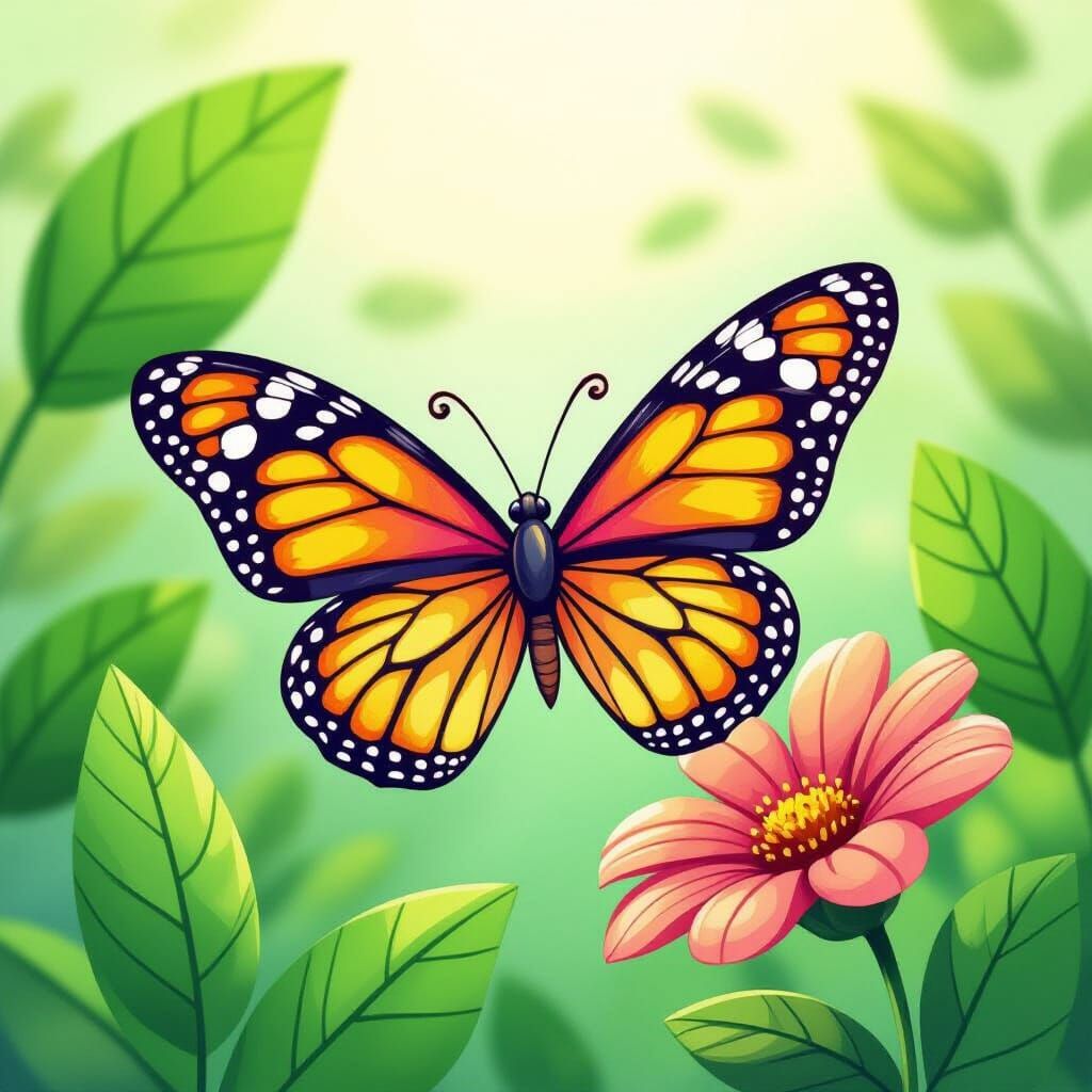 Confused Butterfly with Plastic Flower, Cartoon Style