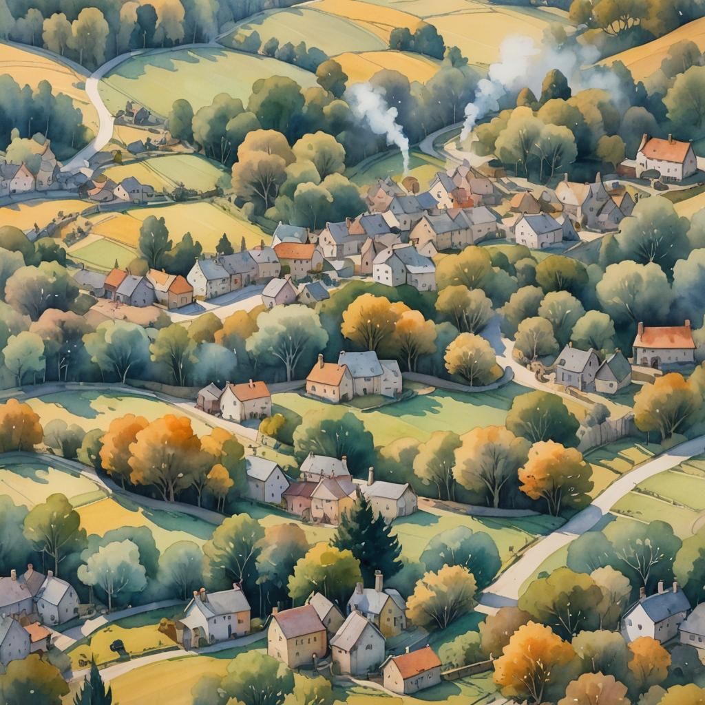 Dreamy Heart-Shaped Village in Whimsical Watercolour Style