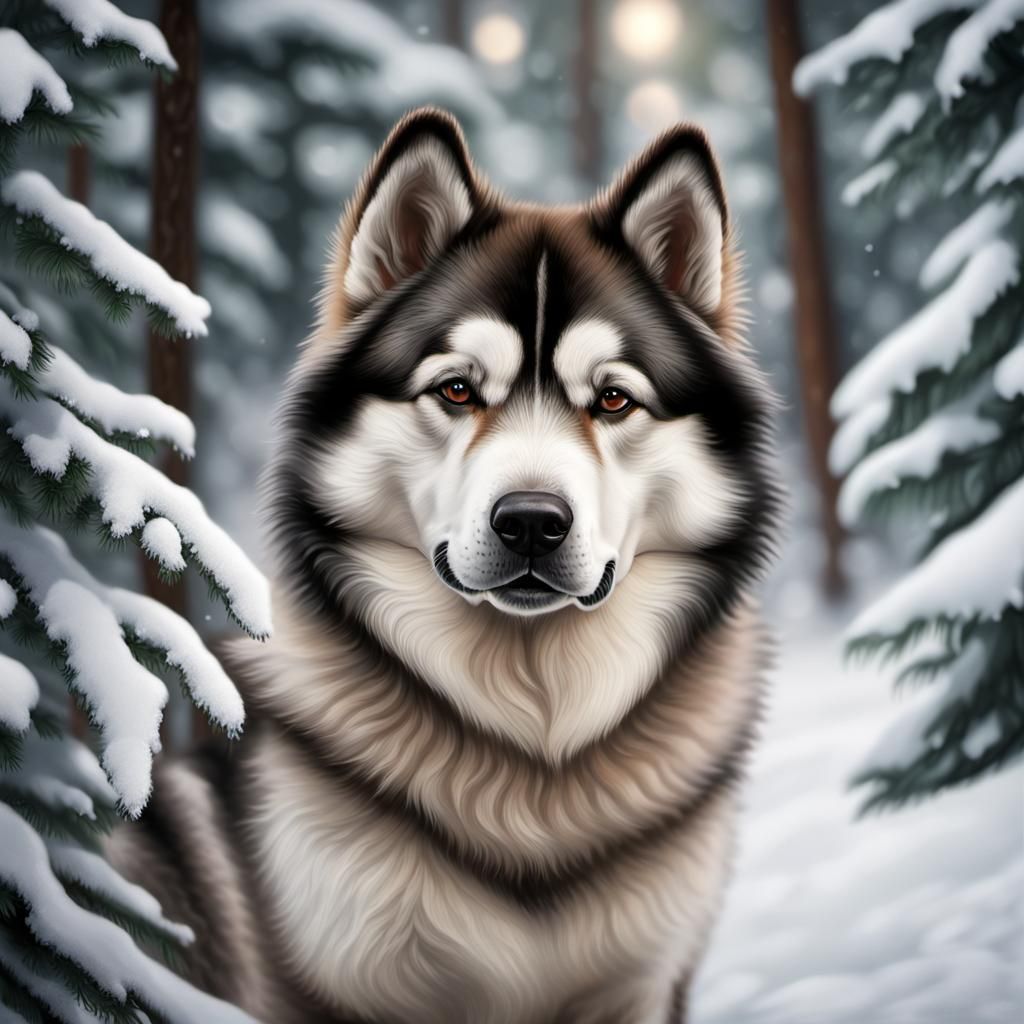 Alaskan Malamute in Snowy Spruce Forest