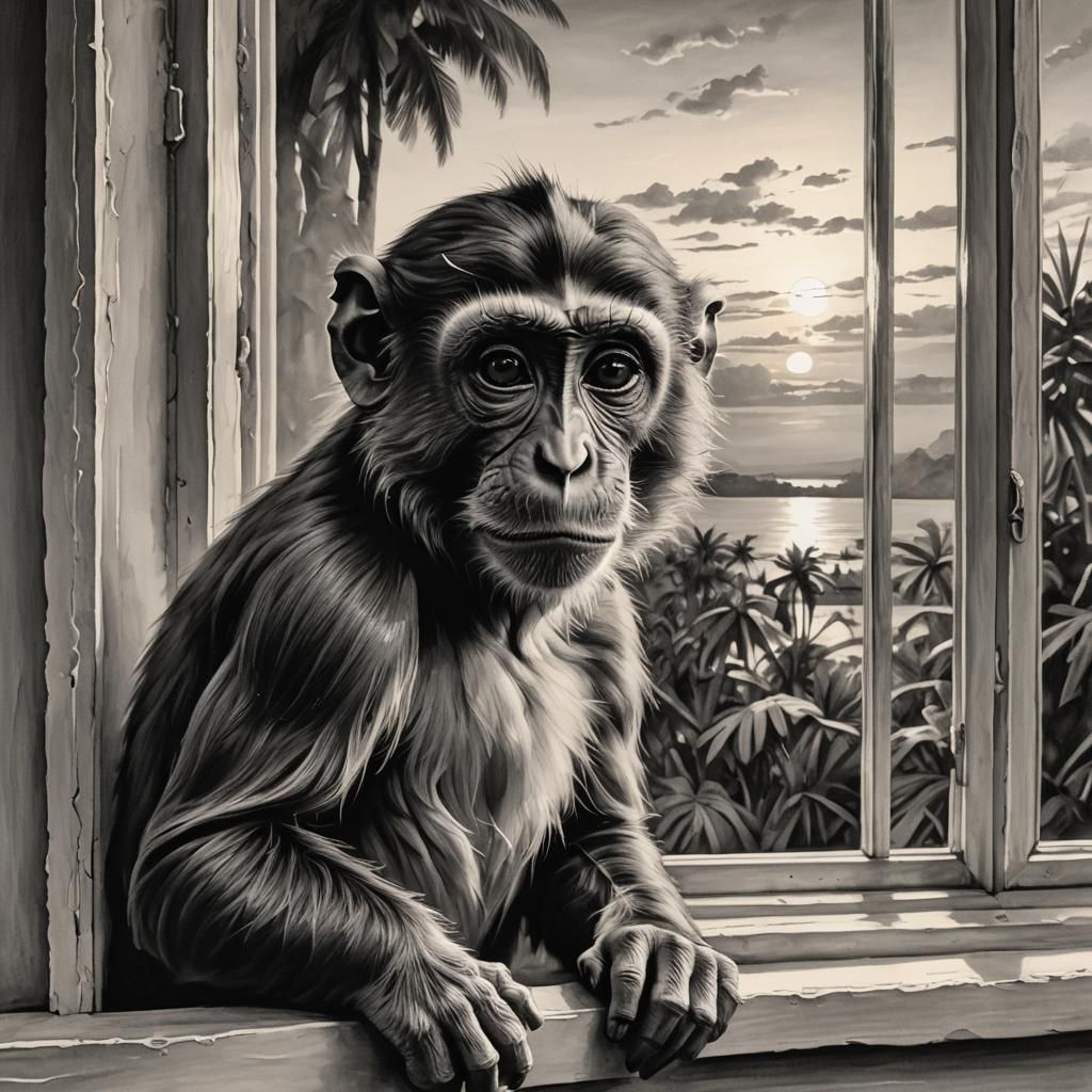 Lonely Monkey Sunset: Monochromatic Hyperrealistic Art