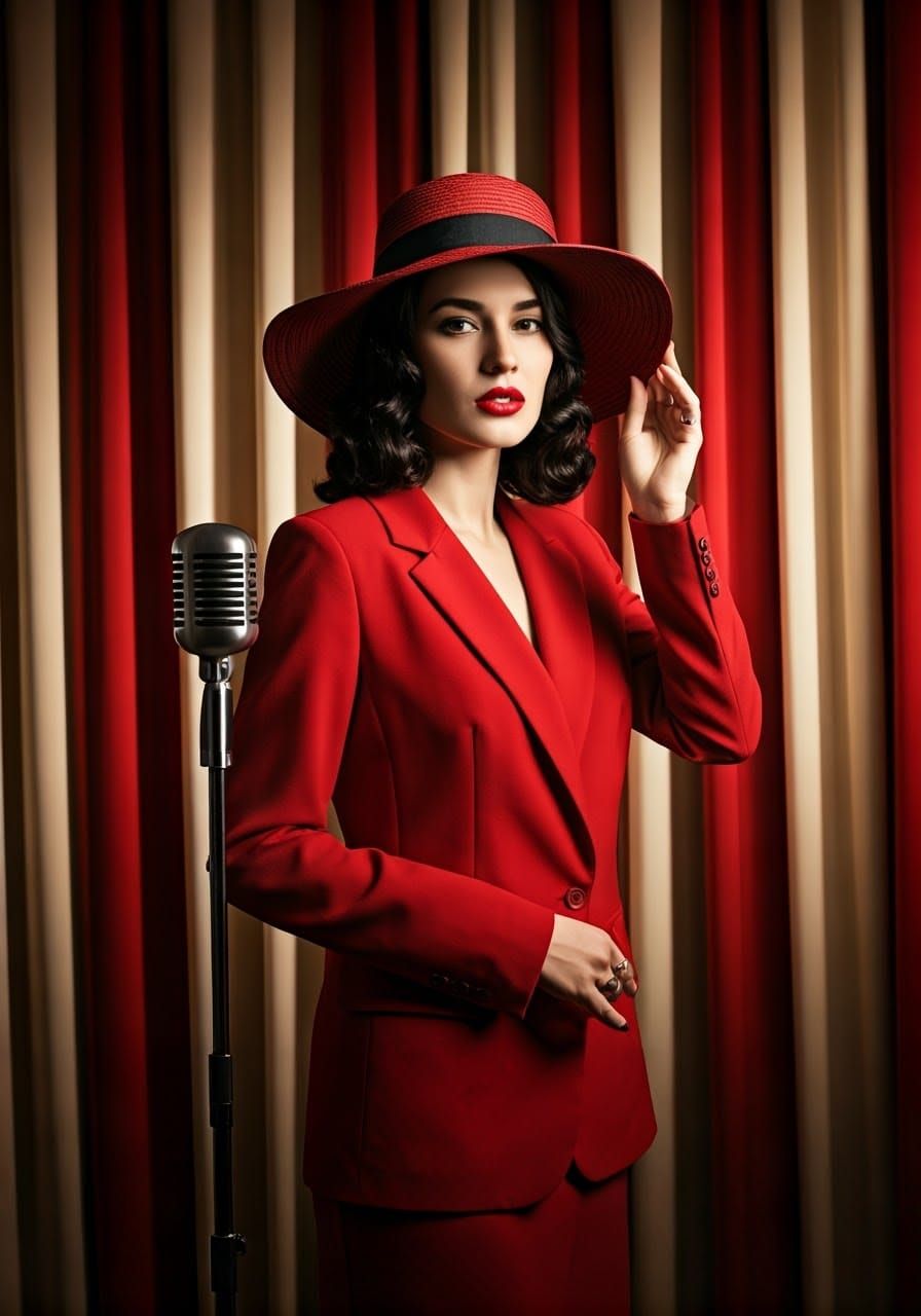 Elegant Woman in Red Suit with Wide-Brimmed Hat