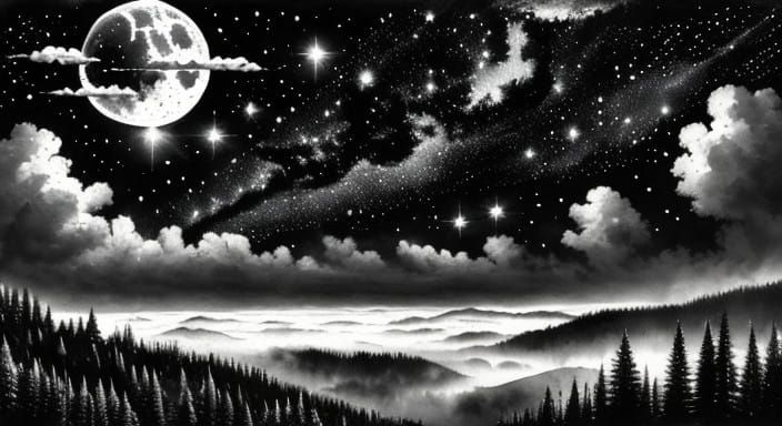 Ethereal Black and White Landscape in Gouache Style