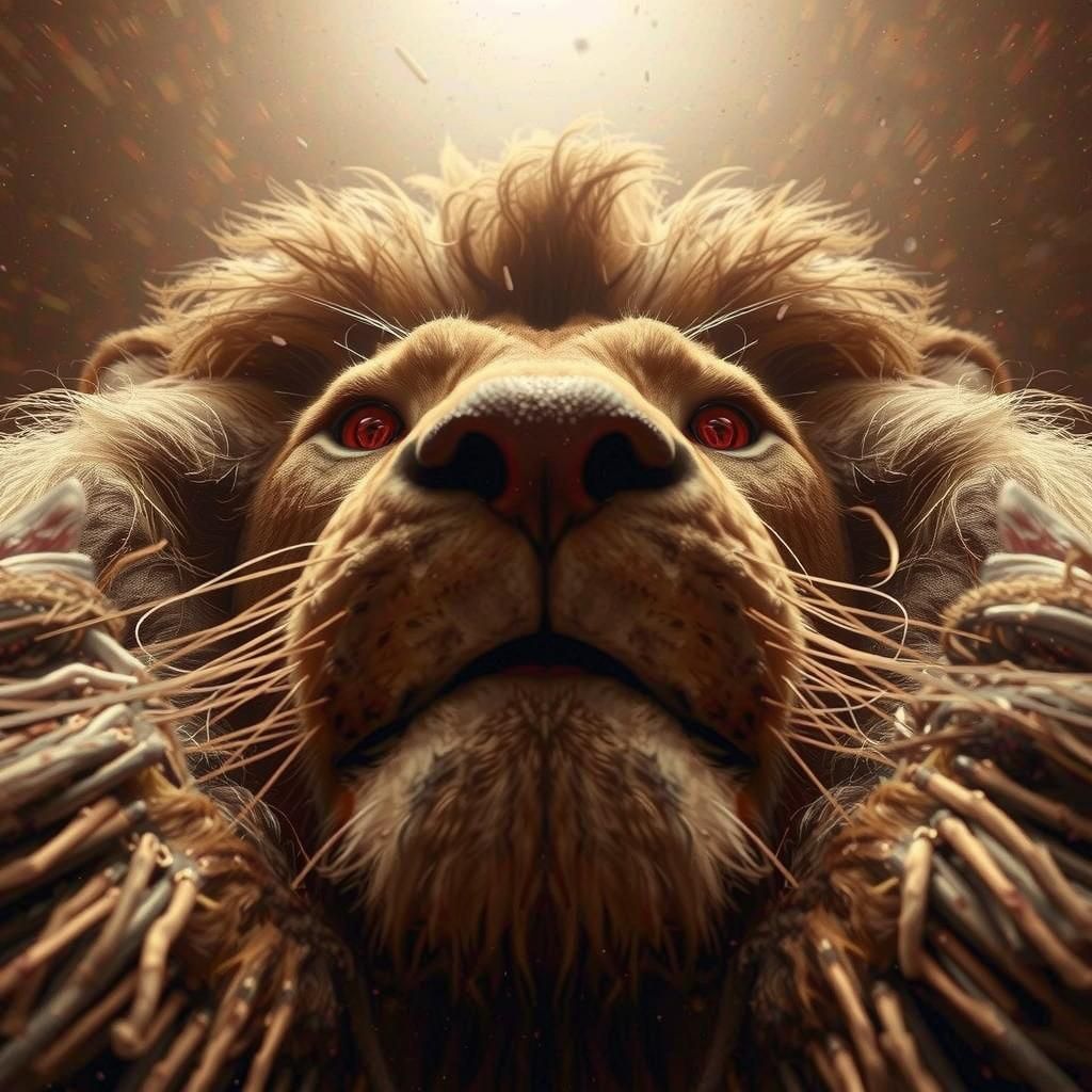 Intense Low-Angle View of an Aggressive Lion