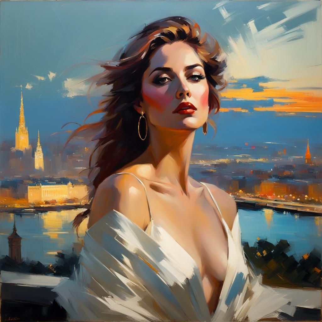 Elegant Woman Portrait with Cityscape Background