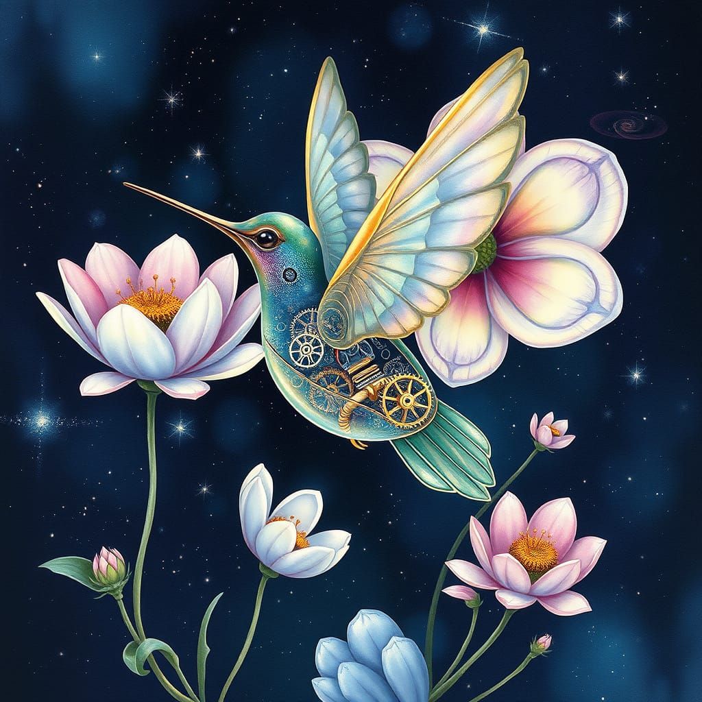 Clockwork Hummingbird Among Cosmic Flowers