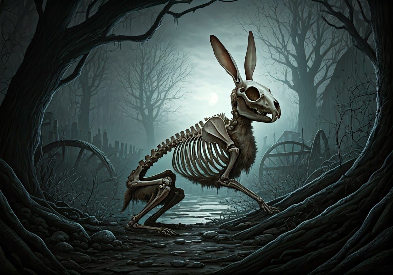 Eerie Rabbit Skeleton in Abandoned Farm