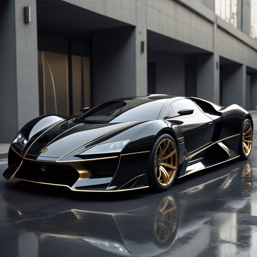 A black utopic car of the future with gold wheel And next to her should be 2 beautiful and strong rottweilers