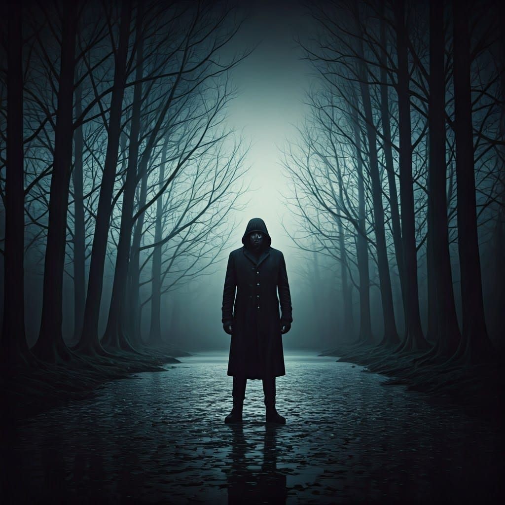 Ominous Figure by Mist-Shrouded Lake at Dusk