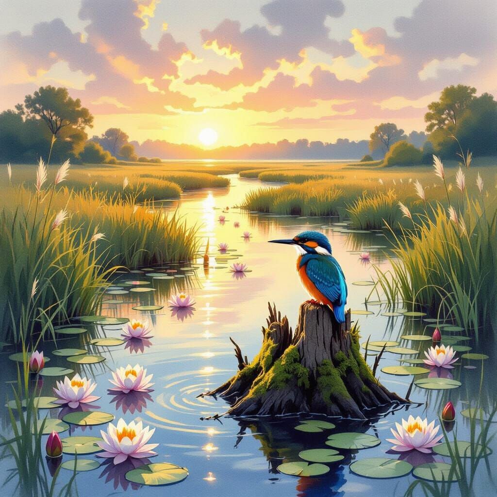 A dreamlike river delta, where winding waterways meander thr...