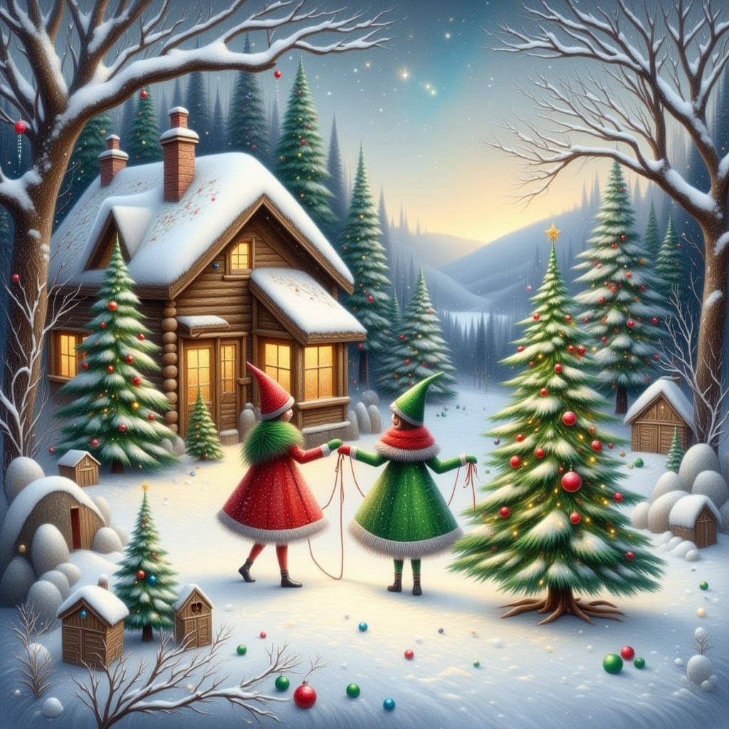 Elves Decorate Christmas Trees Near Cozy Cabins