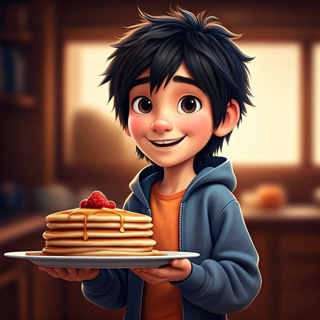 Hiro's Cheerful Pancake Breakfast: Pixar-Inspired 3D Art