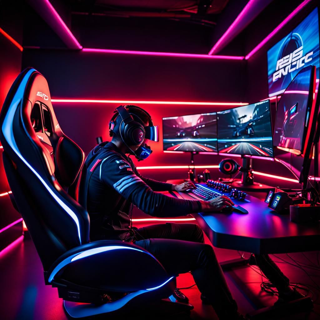 Immersive High-Tech Gaming Setup with Racing Cockpit