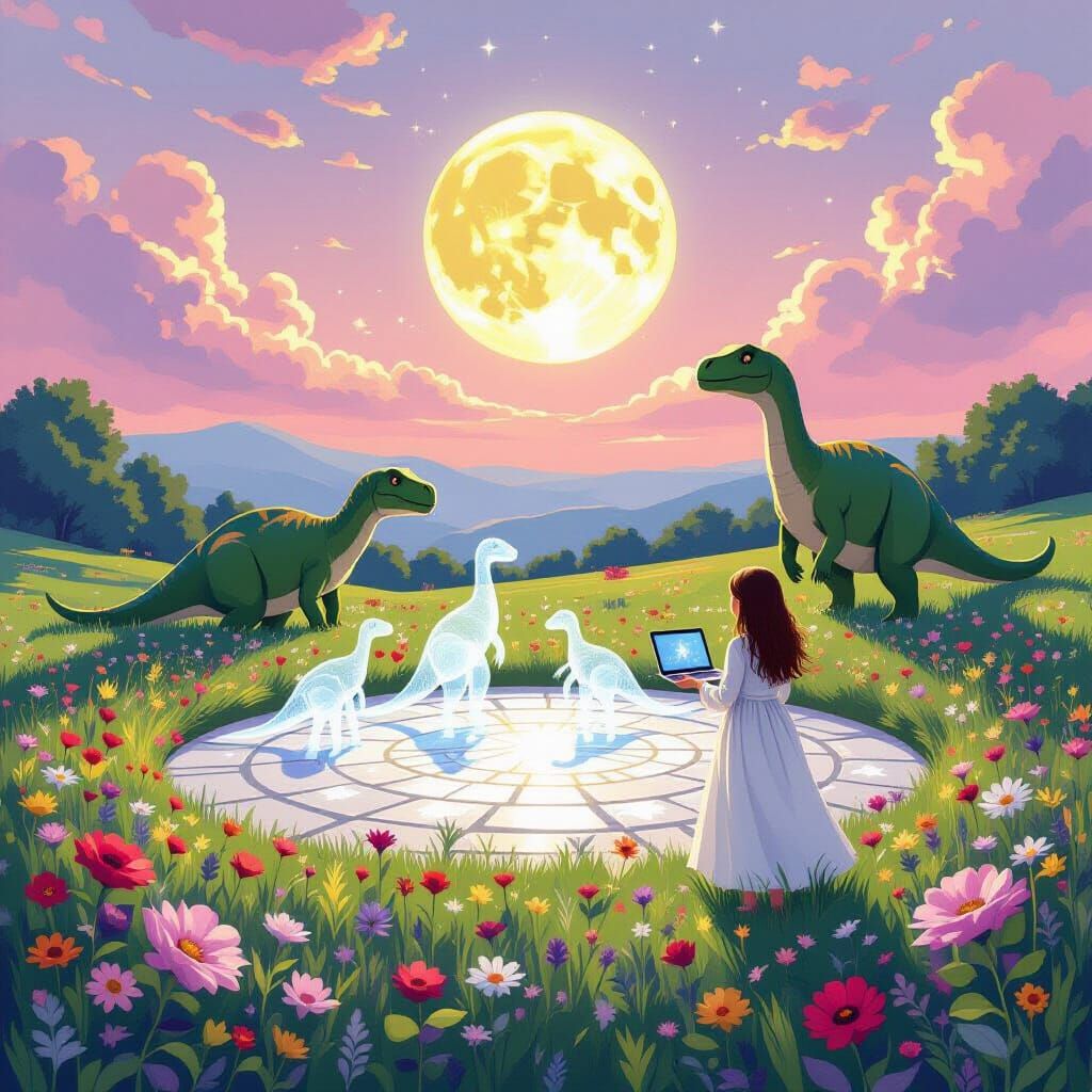Magical Meadow with Dinosaurs and Girl with Starlight Laptop