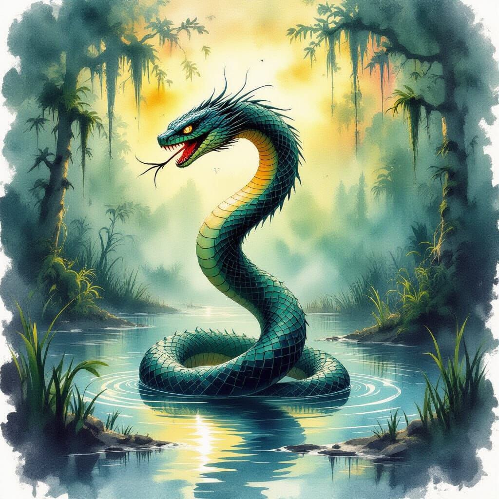 Venomous Snake Rising from Supernova Swamp in Watercolor