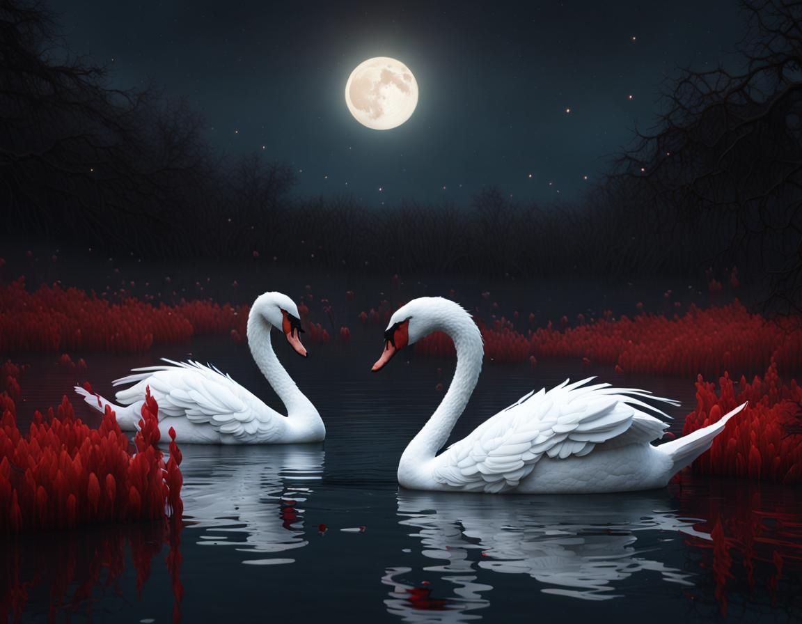 Moonlit Swans on Dark Lake: A Fantasy Concept Art