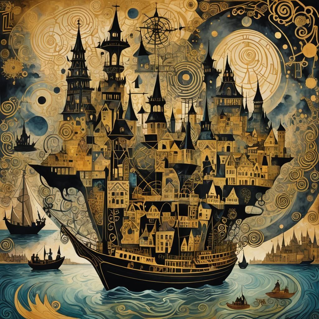 River Thames Boat in Steampunk Ink Art