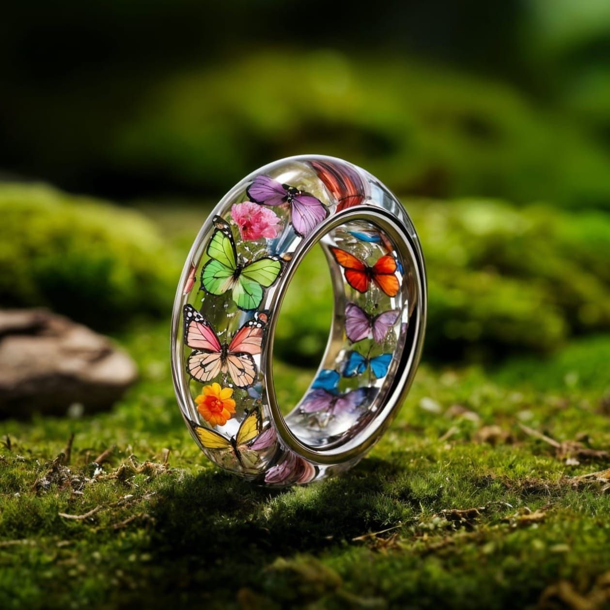 Vibrant Glass Butterfly Ring in Luxury White Gold Setting