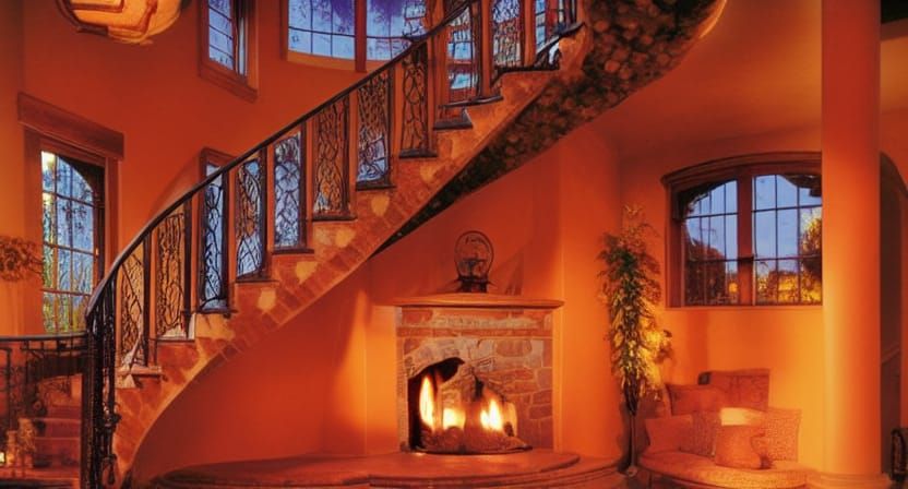 Moonlit Spiral Staircase with Wine and Art Nouveau Flair