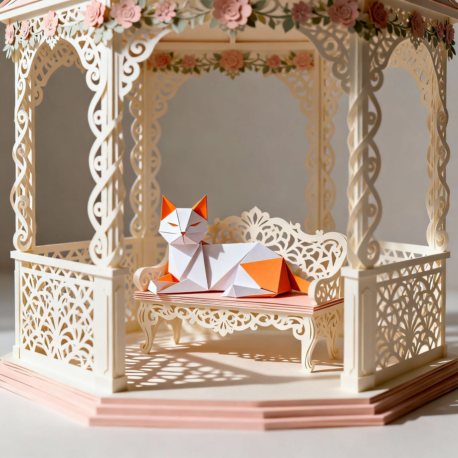 Origami Cat in Ornate Kirigami Gazebo