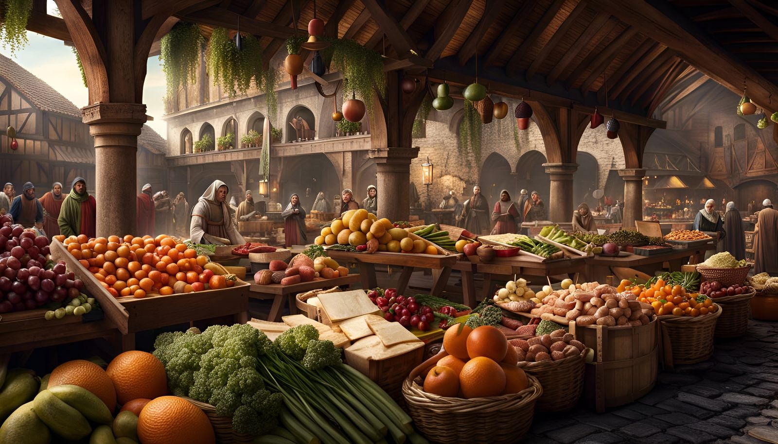 Lively Medieval Market with Food Stalls