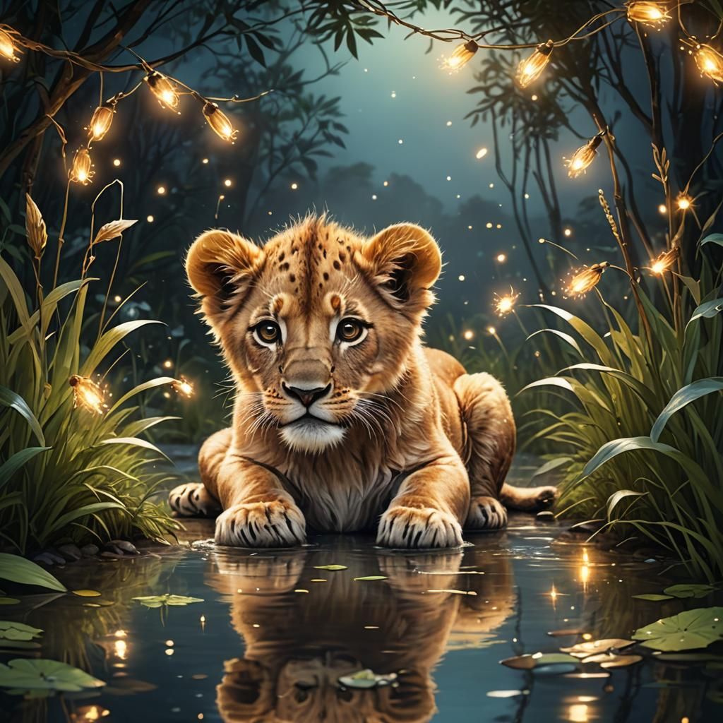 Dreamlike Baby Lion with Fireflies