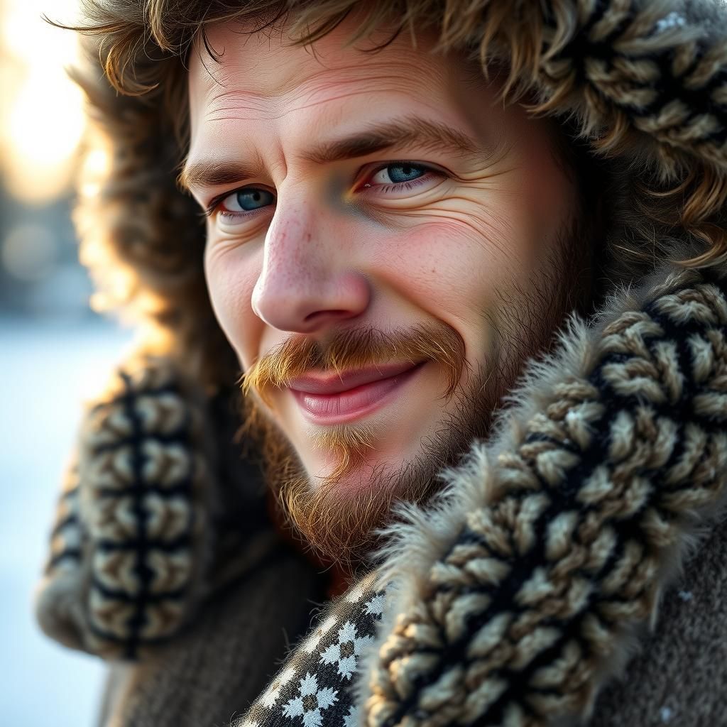 Handsome Man with Shy Smile on Winter Day