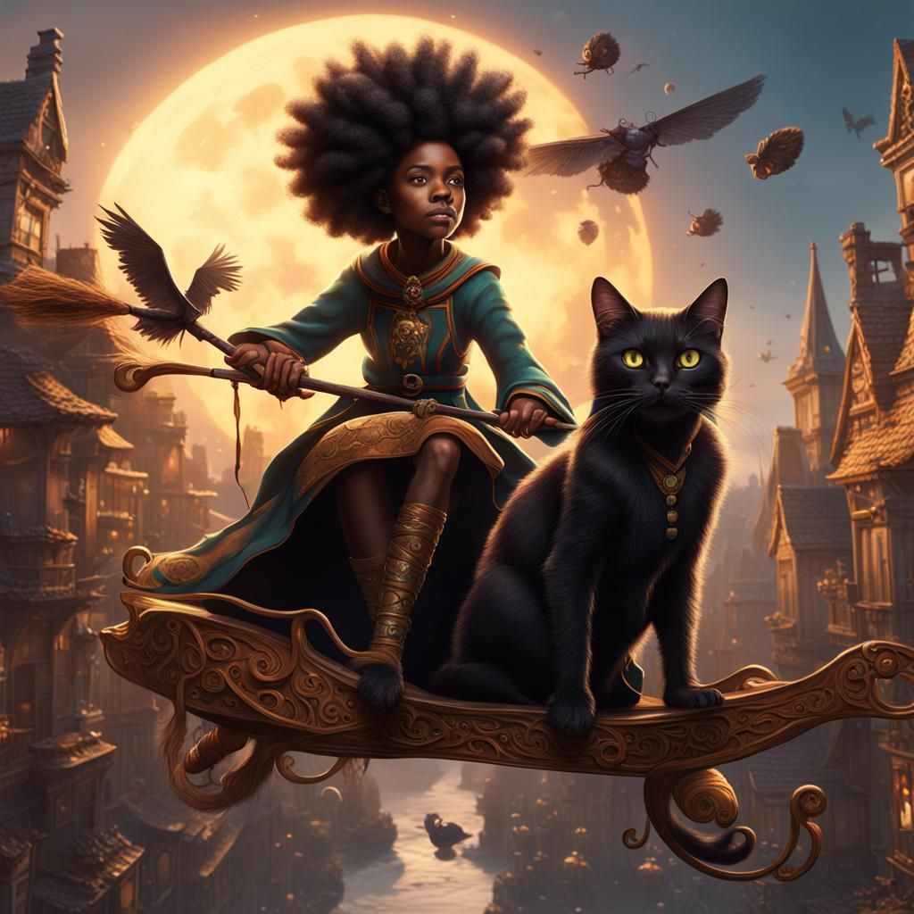 Afro Witch and Cat in Flight: Fantasy Art