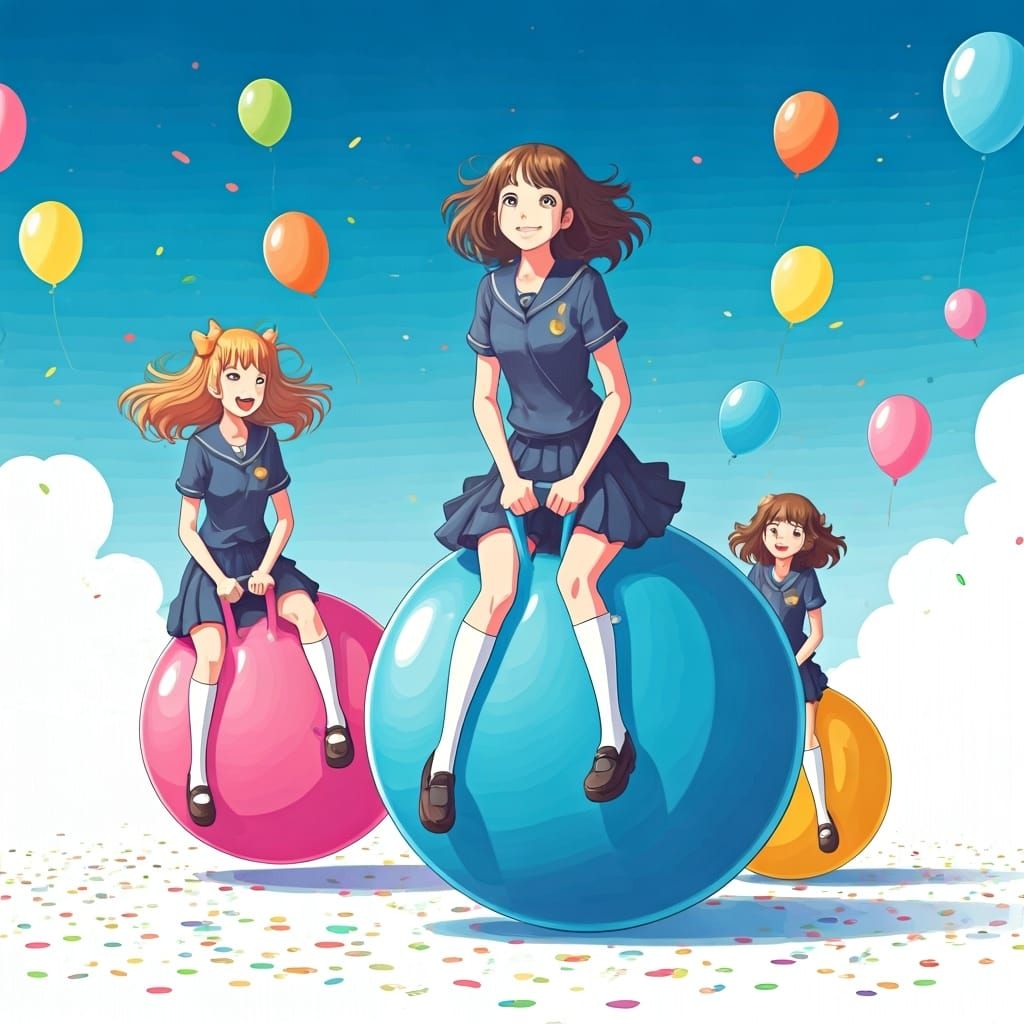 Teenage Girls Bouncing on Hoppers in Manga Style