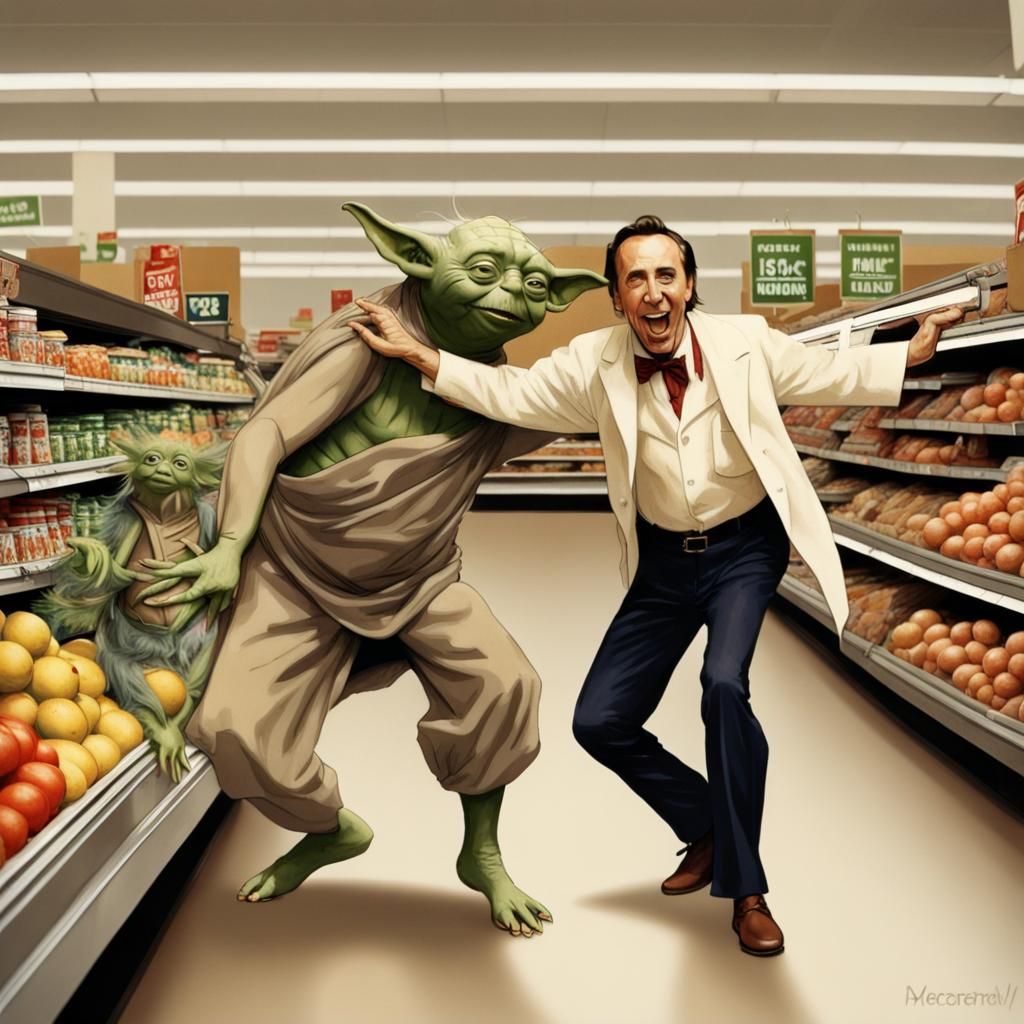 Nicolas Cage and Yoda Dance in Rockwell Style