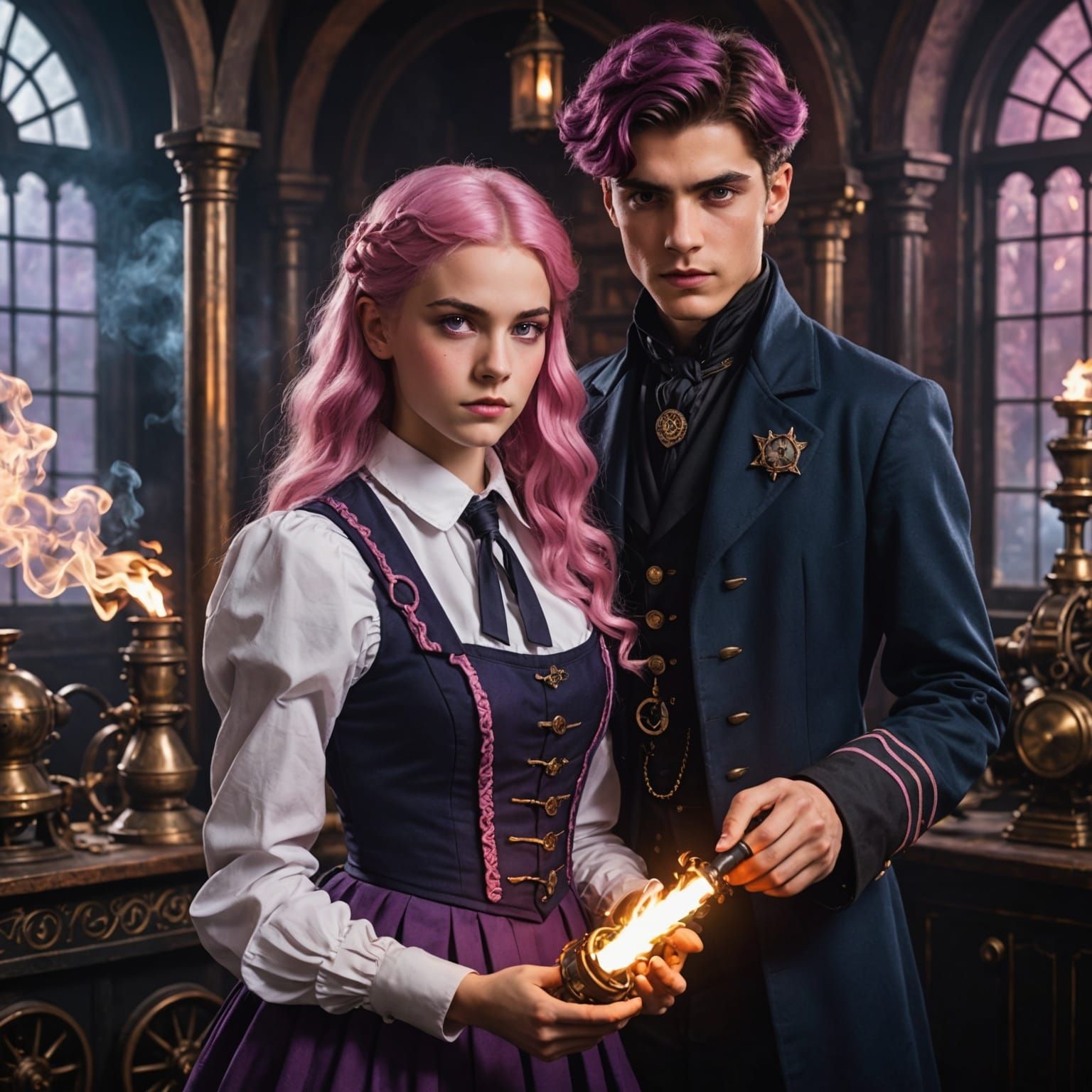 Teenage Wizards Practicing Magic in Gothic Room