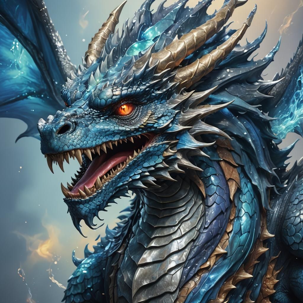 Blue Aura Dragon in Hyperrealistic Splash Art