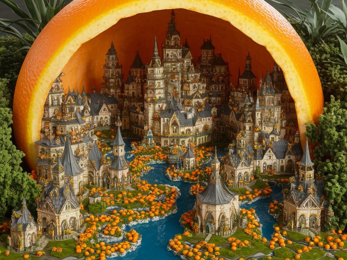 Vibrant Fantasy Village within a Giant Orange