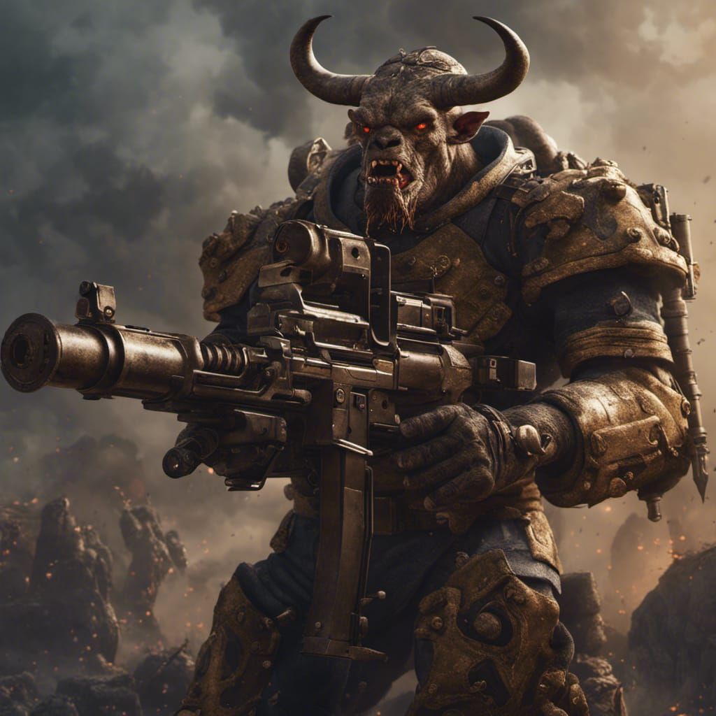 Minotaur Soldier with Minigun in Detailed Matte Painting