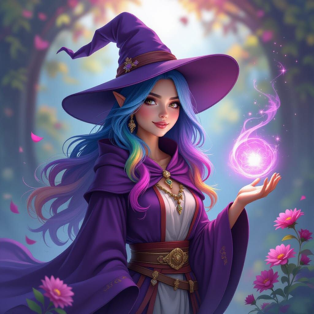 Gnome Sorceress with Rainbow Hair in Ornate Robes