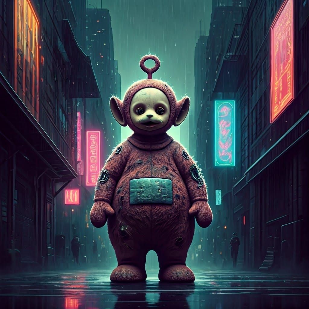 Cyberpunk Teletubby in a Rainy Alleyway