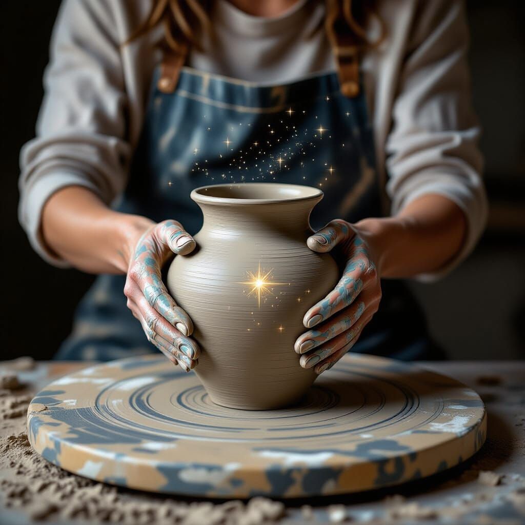 Photorealistic Hands Crafting Cosmic Clay Vessel