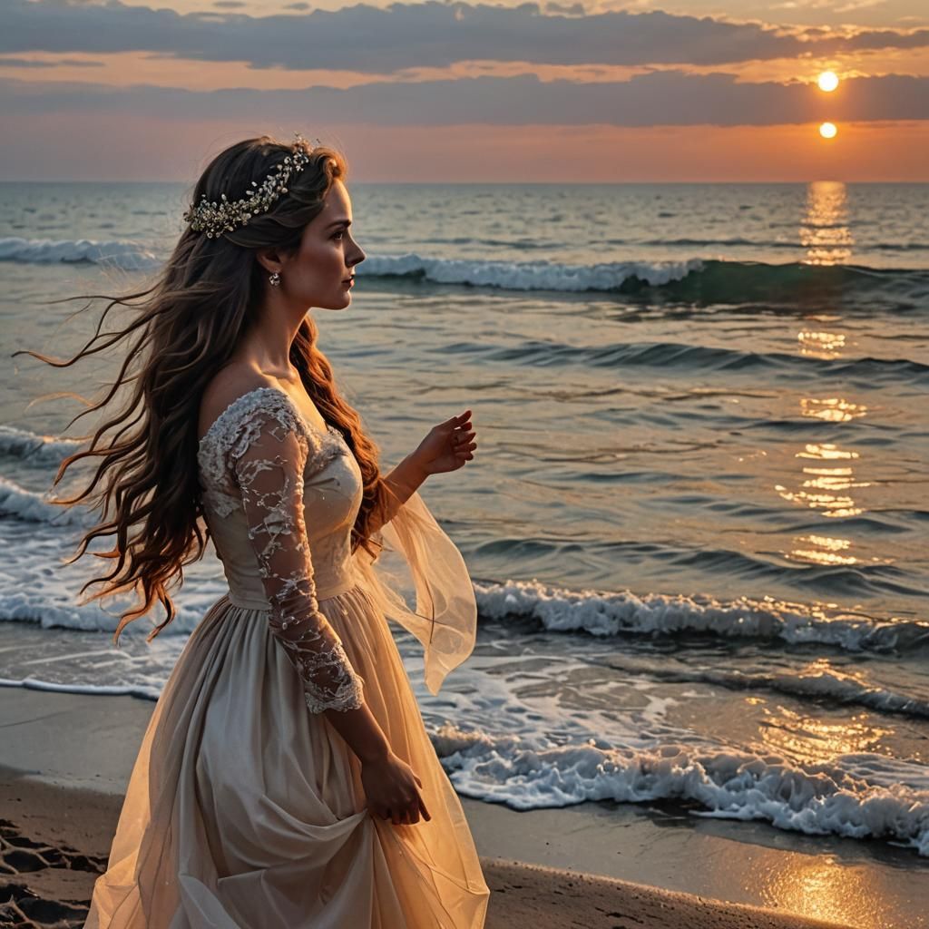 Mermaid with Long Hair at Sunset